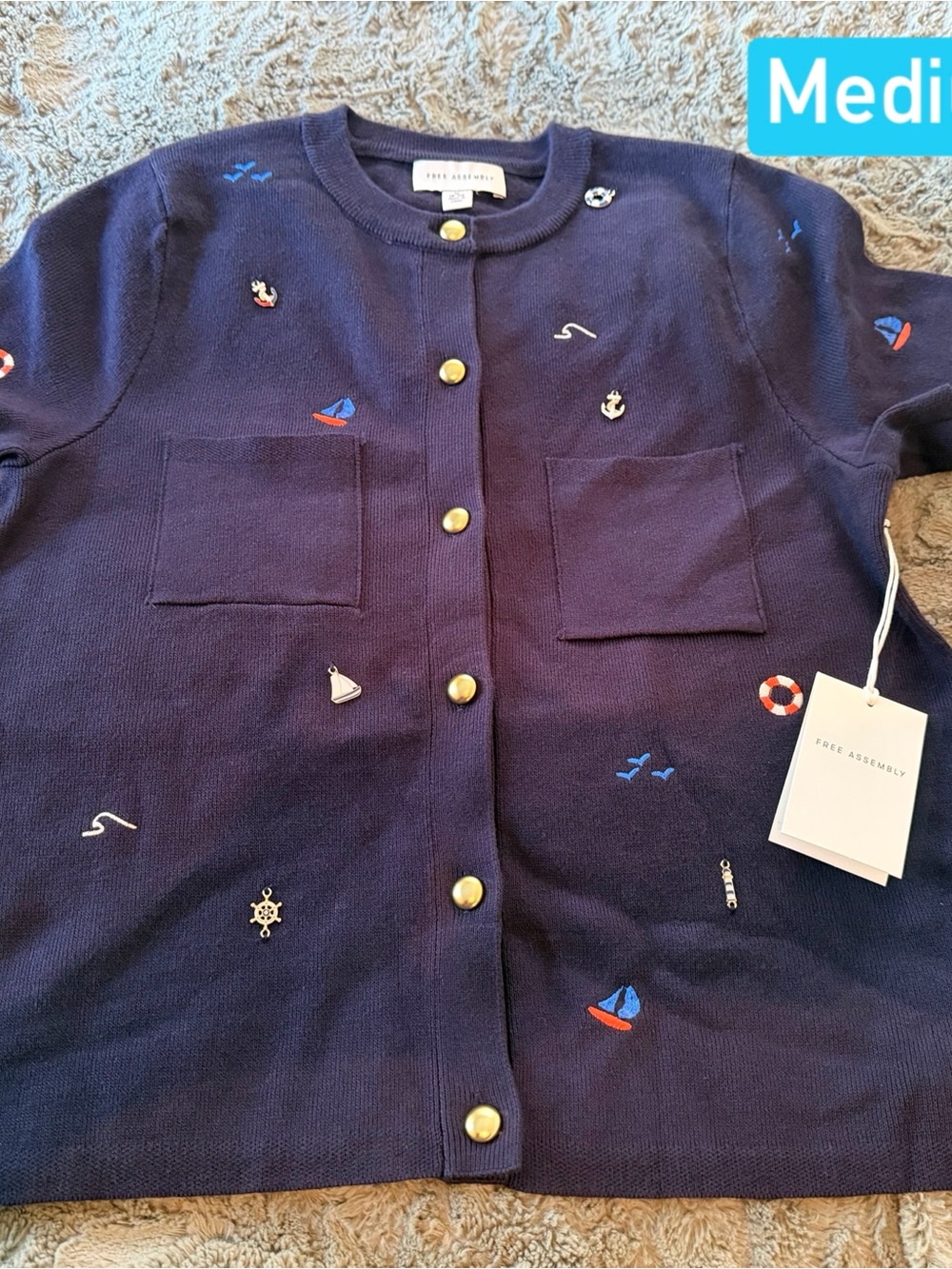 Free Assembly Navy Embroidered Nautical Cardigan